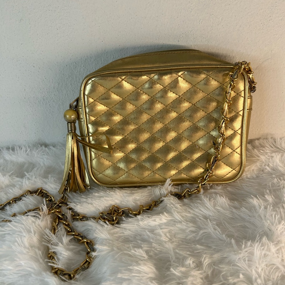 Chateau Quilted Metallic Gold Crossbody with Chain Tassel